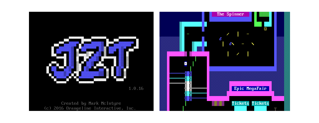 Two screenshots from JZT showing the intro screen and gameplay