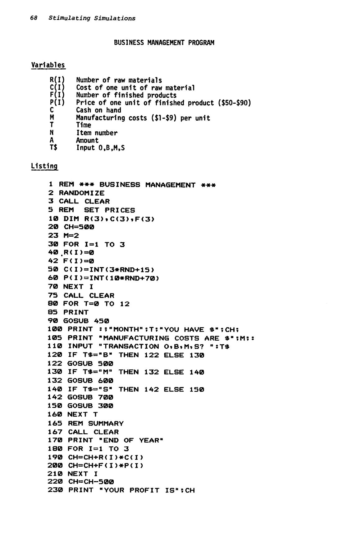 Business Management: Third page, variables listing and first page of BASIC code