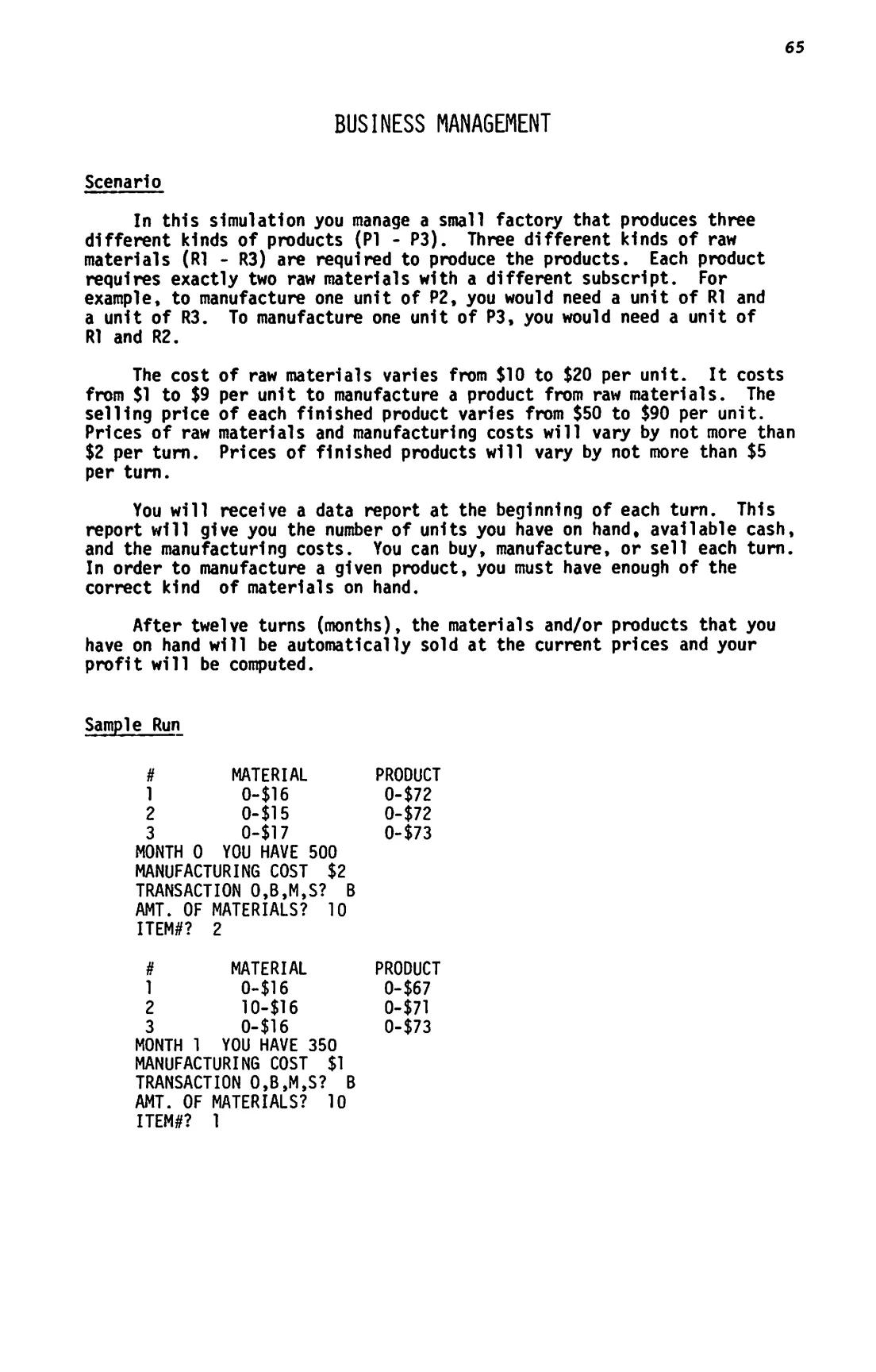 Business Management: First page, introduction to the scenario
