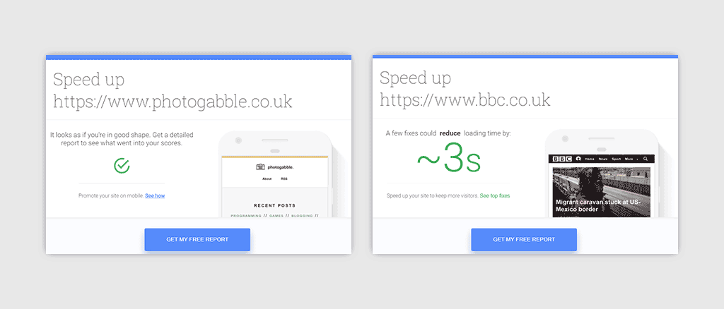 Section suggesting that the BBC could speed up loading time by ~3 seconds, with a button to provide an email for the full report